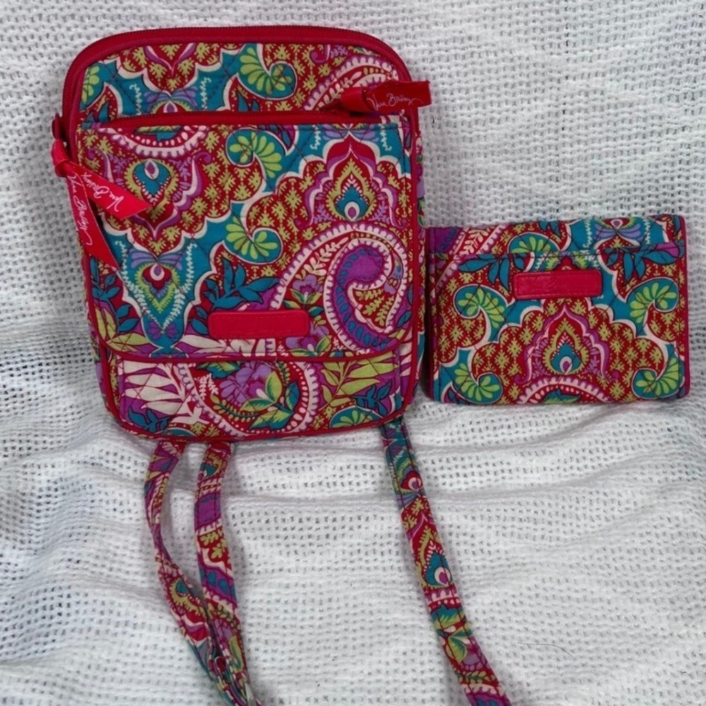 Vera Bradley Crossbody Bag‎ and Wallet Set Women Pink Teal Paisley Excellent